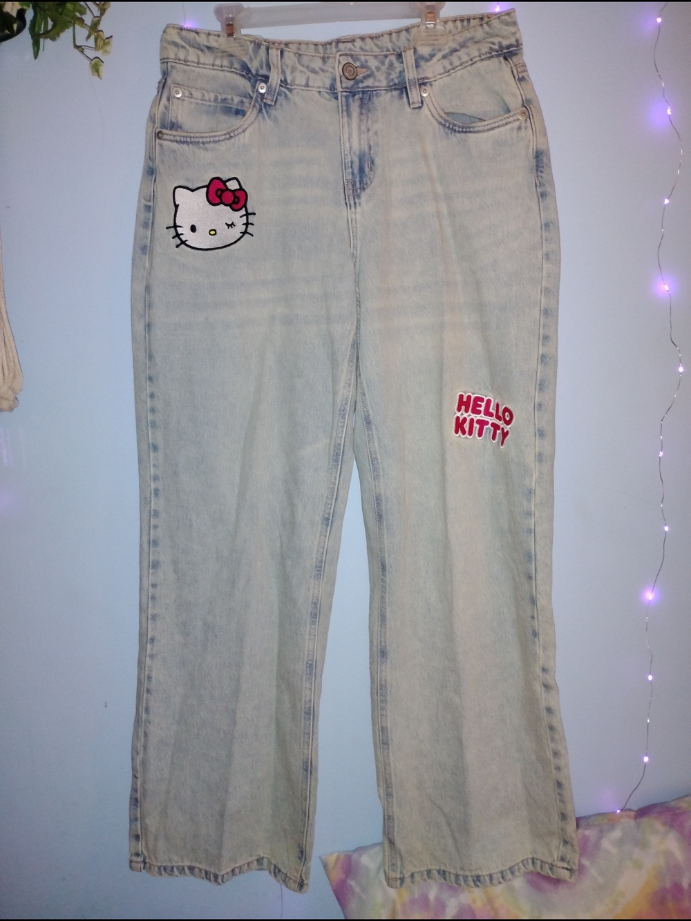 Sanrio Light Wash Hello Kitty Embroidered Flare Jeans — Pink Accents